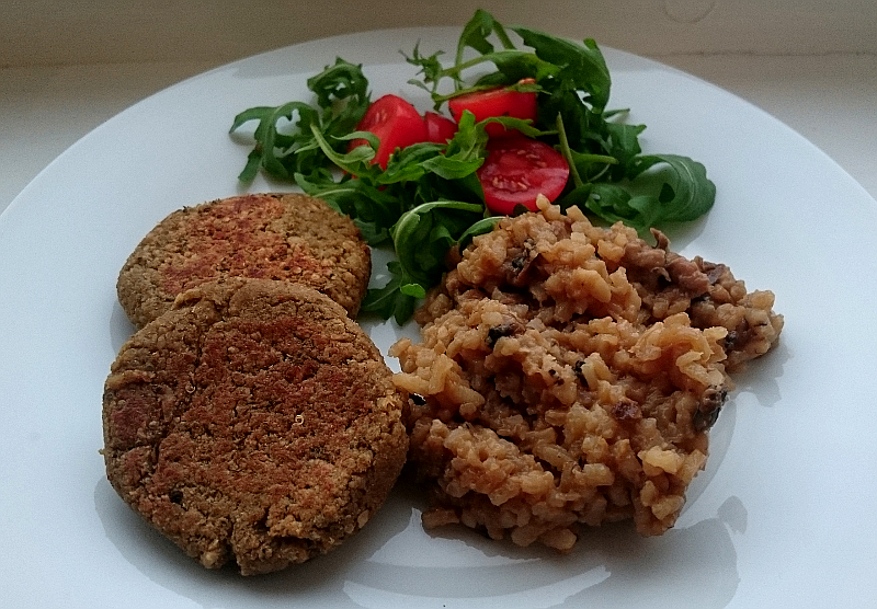 Burgers served with mushroom risotto and salad. Photo: Mittens and Sunglasses © 2018