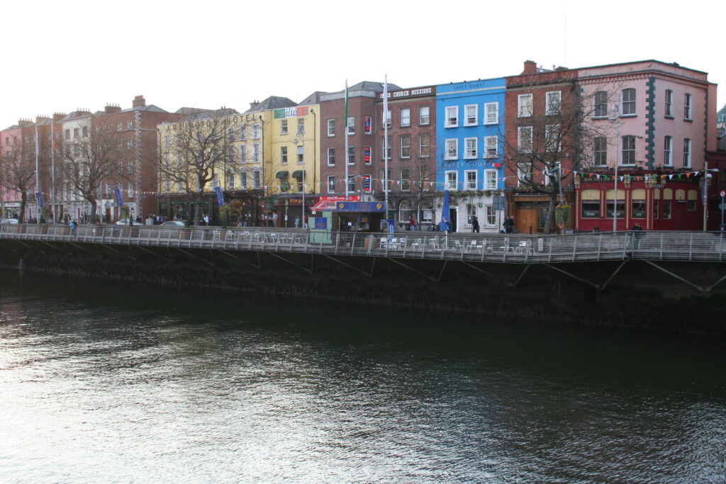 The river Liffey, with houses on the other side.