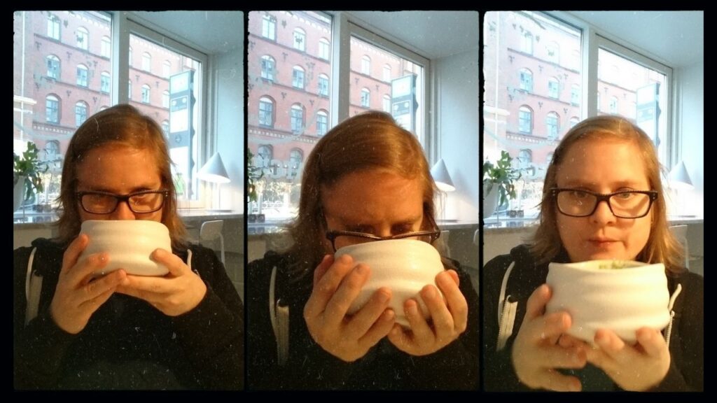 A series of three photos, where Elin drinks matcha latte from a while bowl.