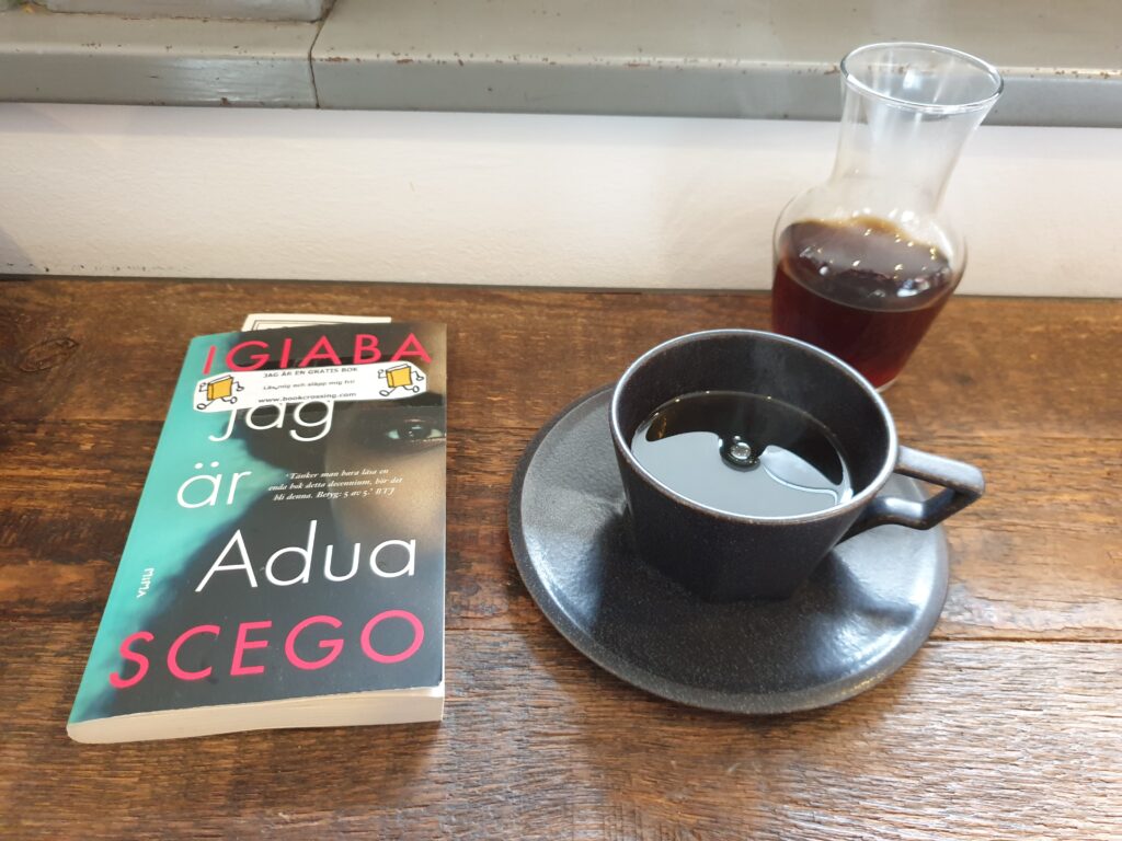 A book on a bench that is a table, the book to the left. To the right a carafle of coffee and a cup of coffee.