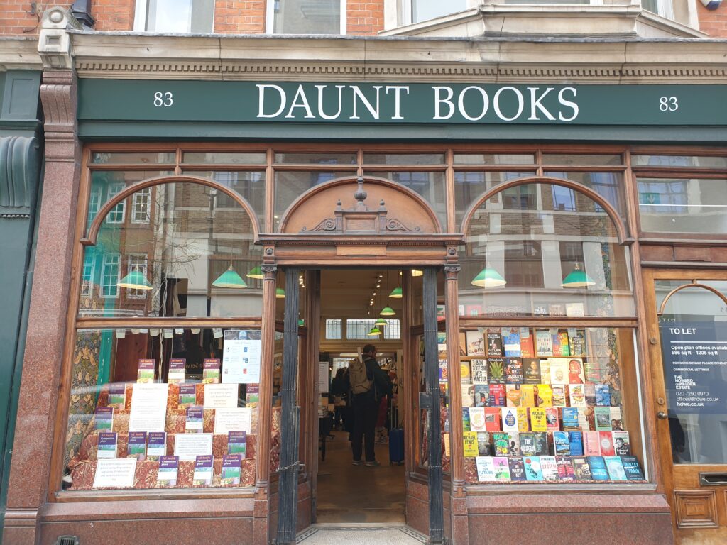 A bookshop entrance, with "Daunt Books" on the sign over the door.