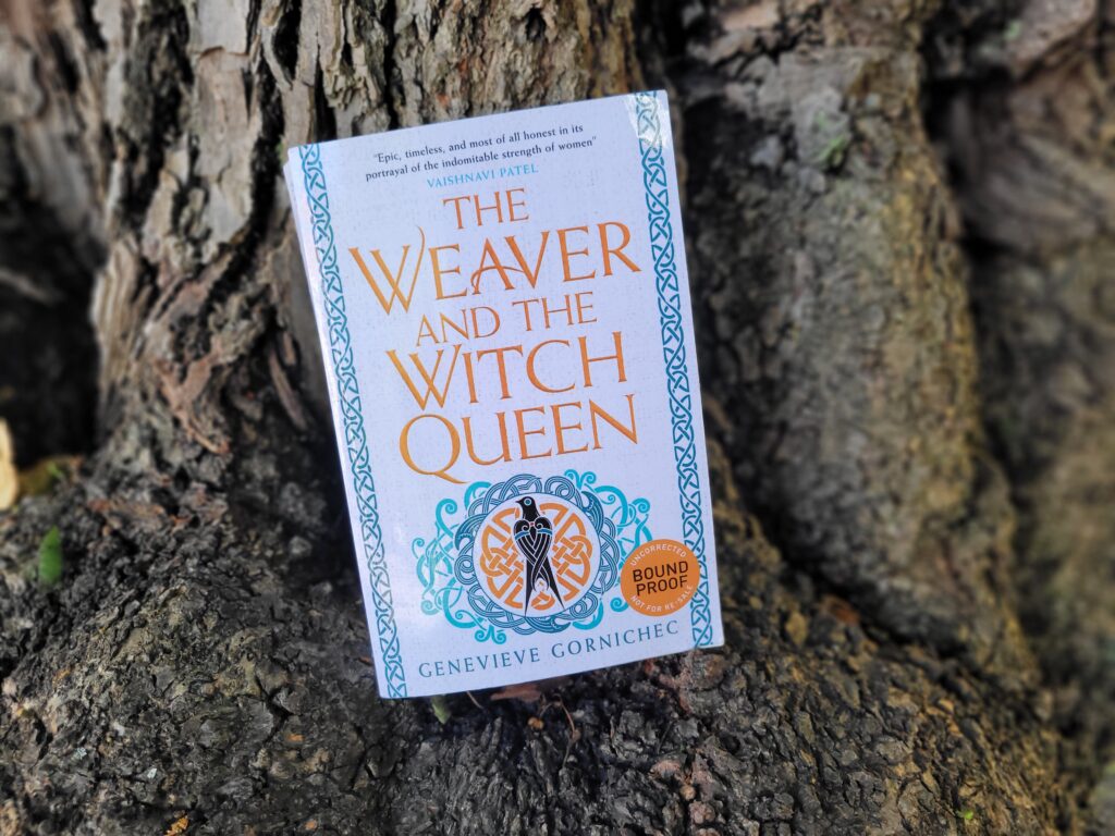 The book The Weaver and the Witch King leaning against the trunk of a tree