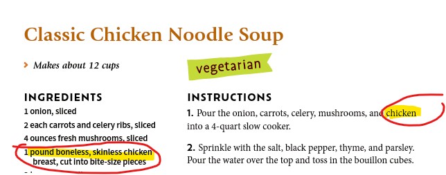 A picture illustrating a chicken soup recipe being labelled as "vegetarian".