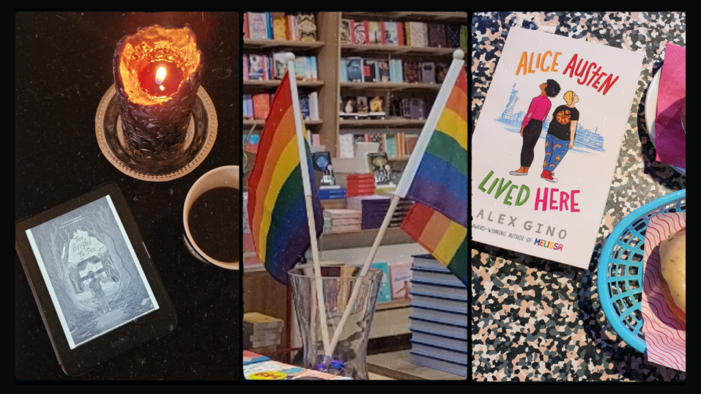 A layout with three pictures. The picture in the middle show some rainbow flags on a table, the photo to the left an e-reader, a lit candle, and a cup of coffee, and the picture to the right a book, and parts of a doughnut.